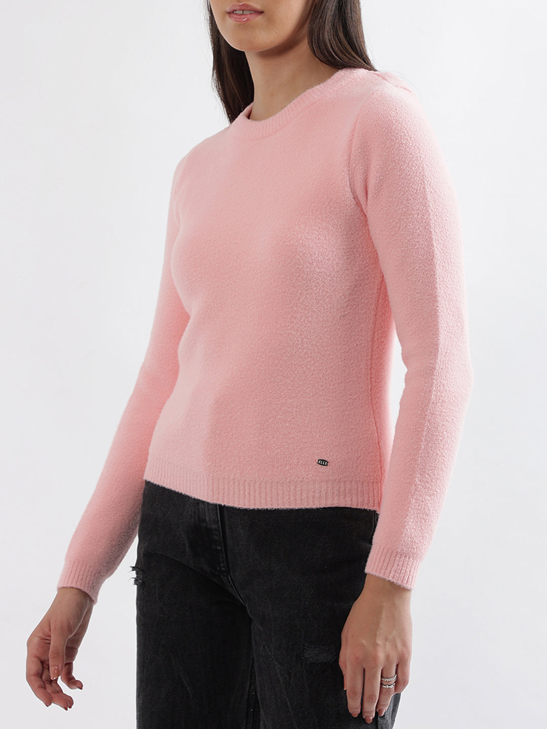 Elle Women Pink Solid Round Neck Sweater