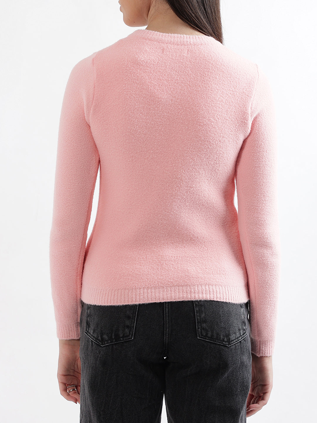 Elle Women Pink Solid Round Neck Sweater