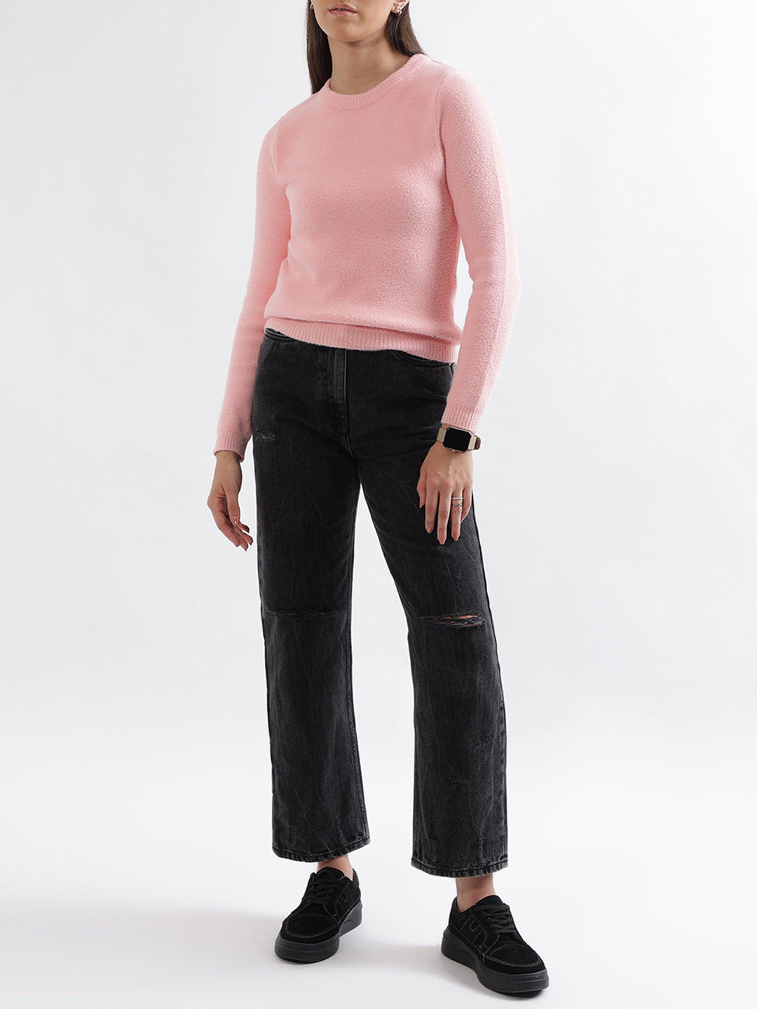 Elle Women Pink Solid Round Neck Sweater