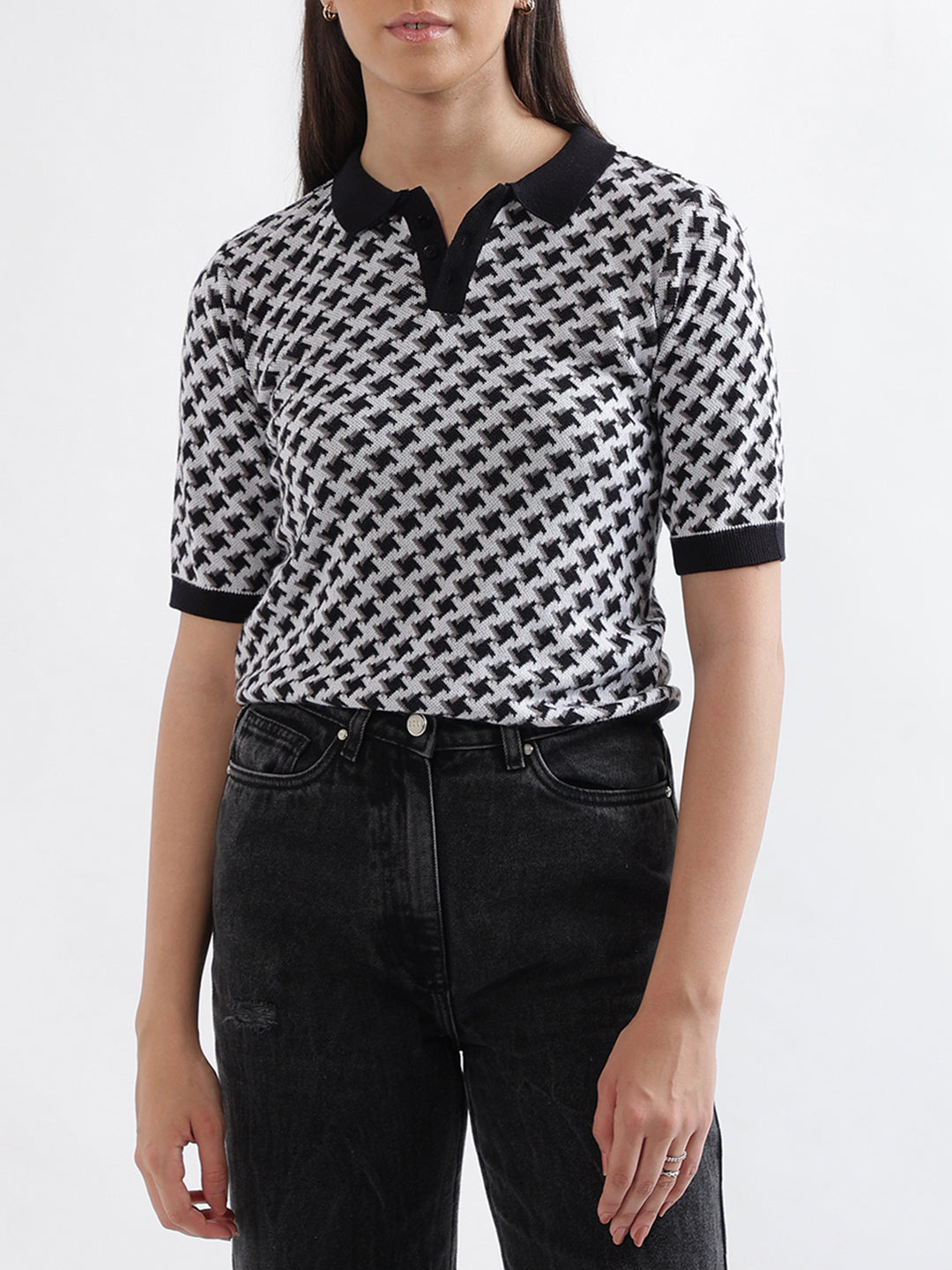 Elle Black, White & Grey Houndstooth Relaxed Fit Top