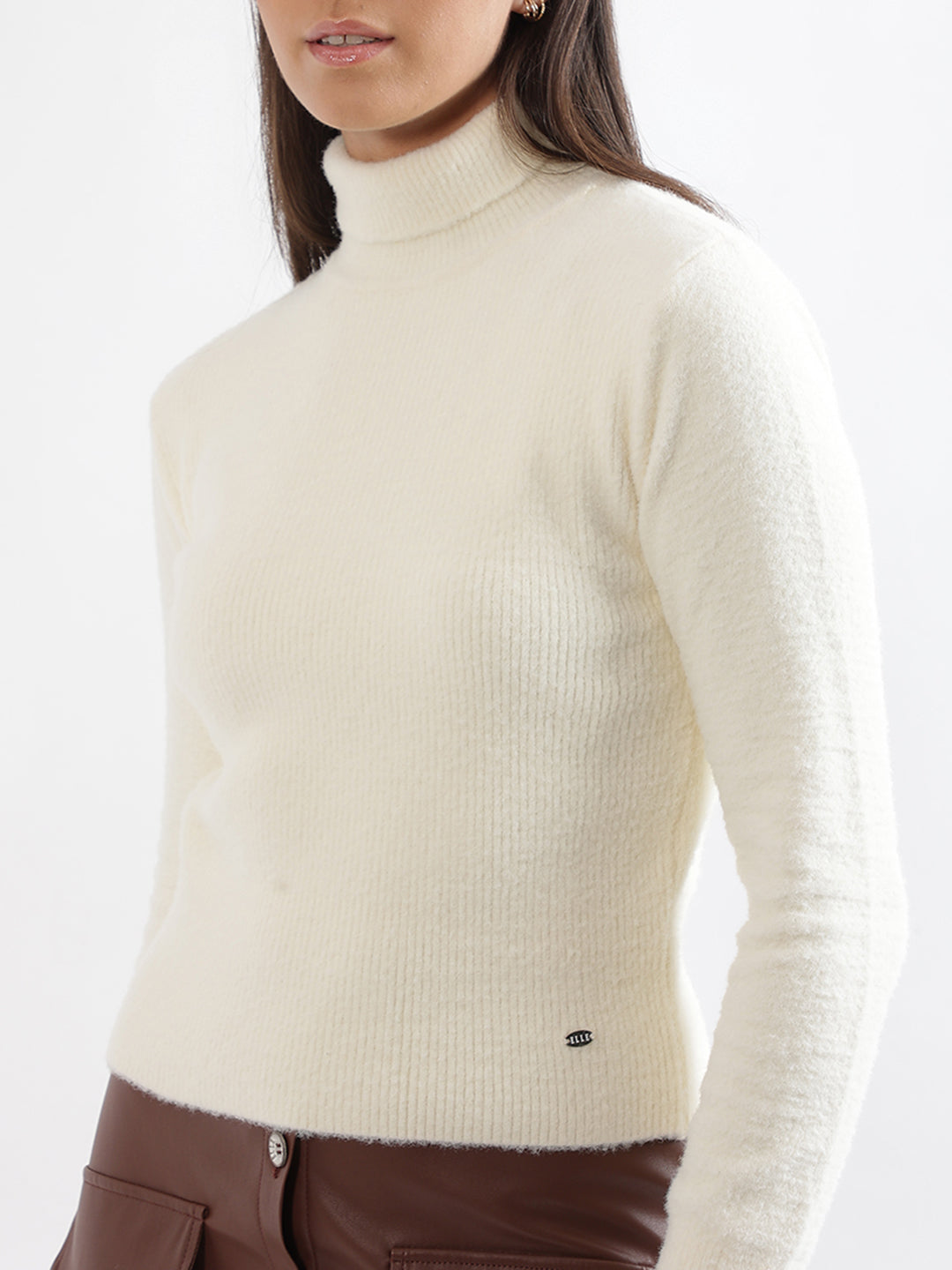 Elle Women White  Solid High Neck Sweater