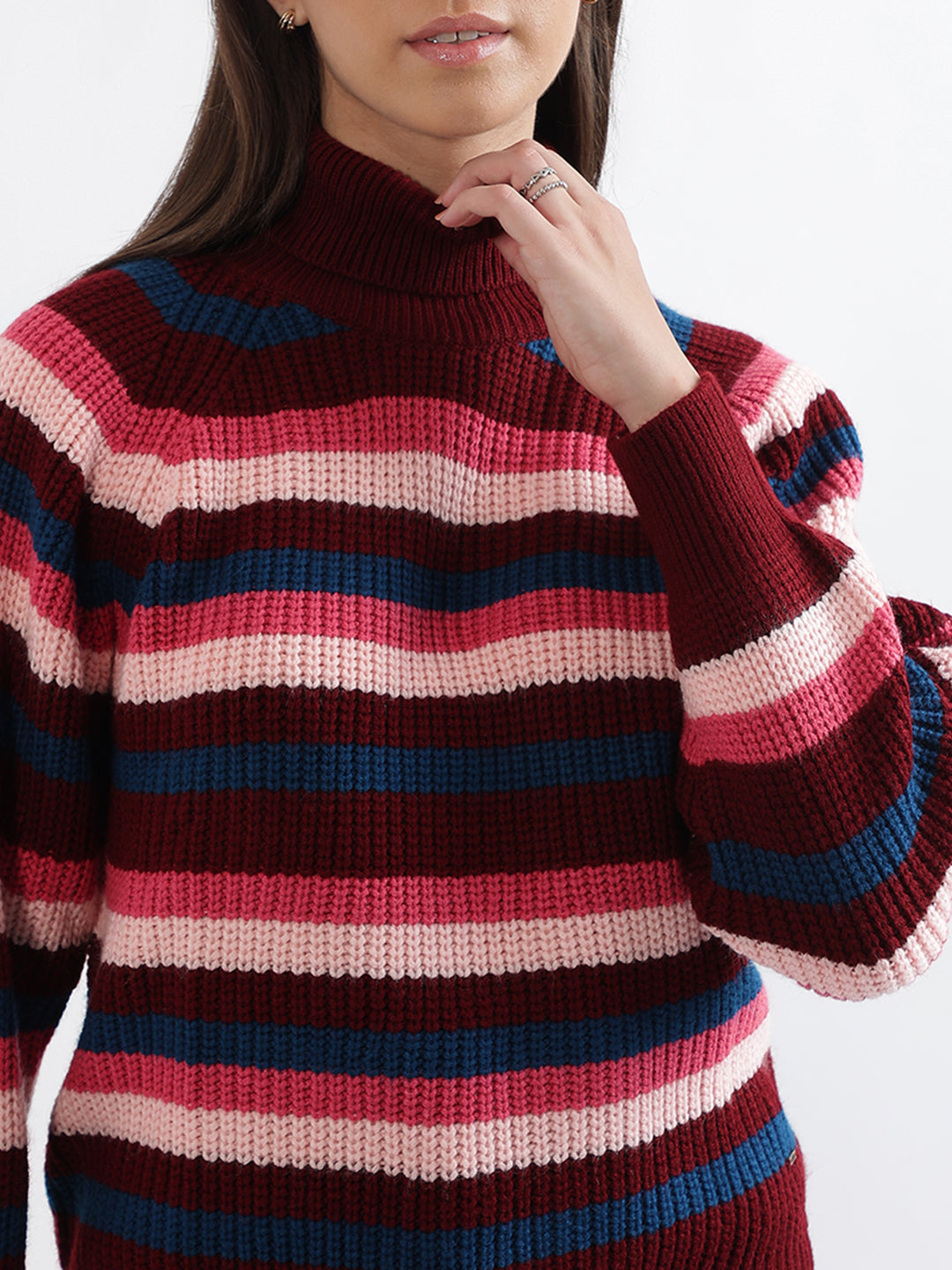 Elle Women Multi Striped Turtle Neck Sweater