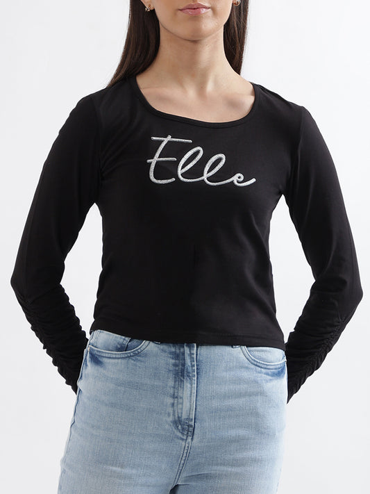 Elle Women Black Solid Square Neck Top