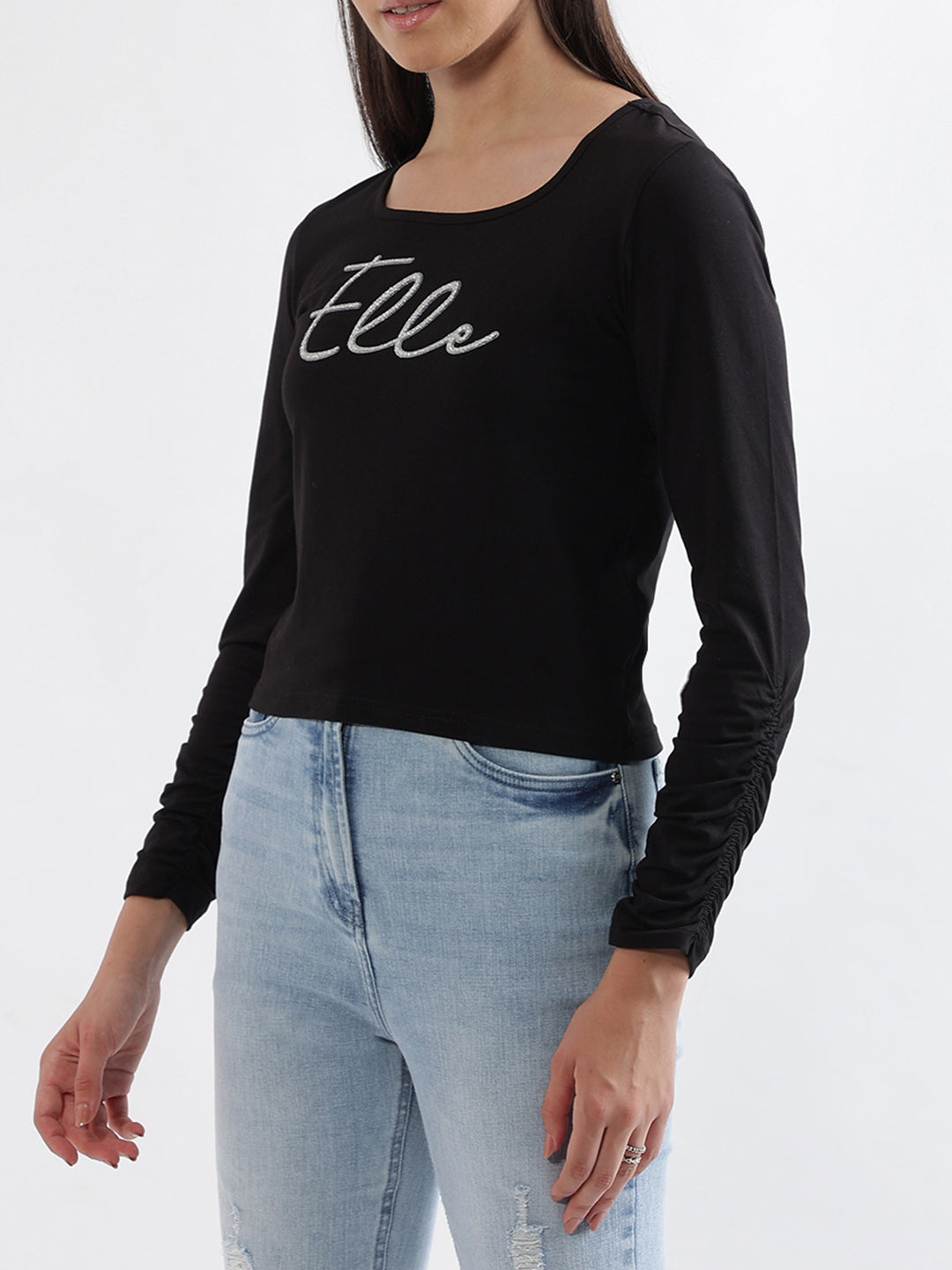 Elle Women Black Solid Square Neck Top