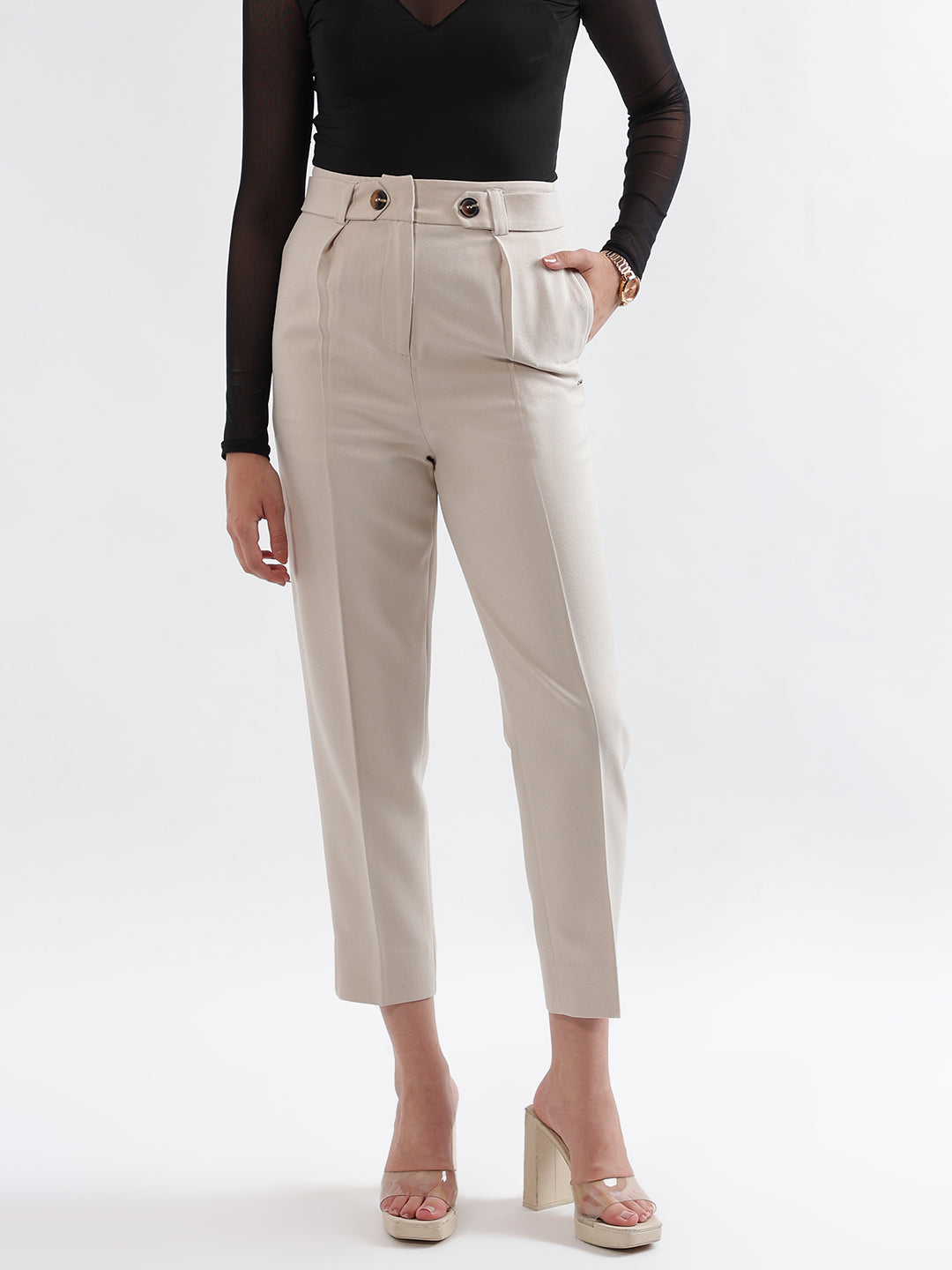 Elle Women Beige  Solid Relaxed Fit Trouser