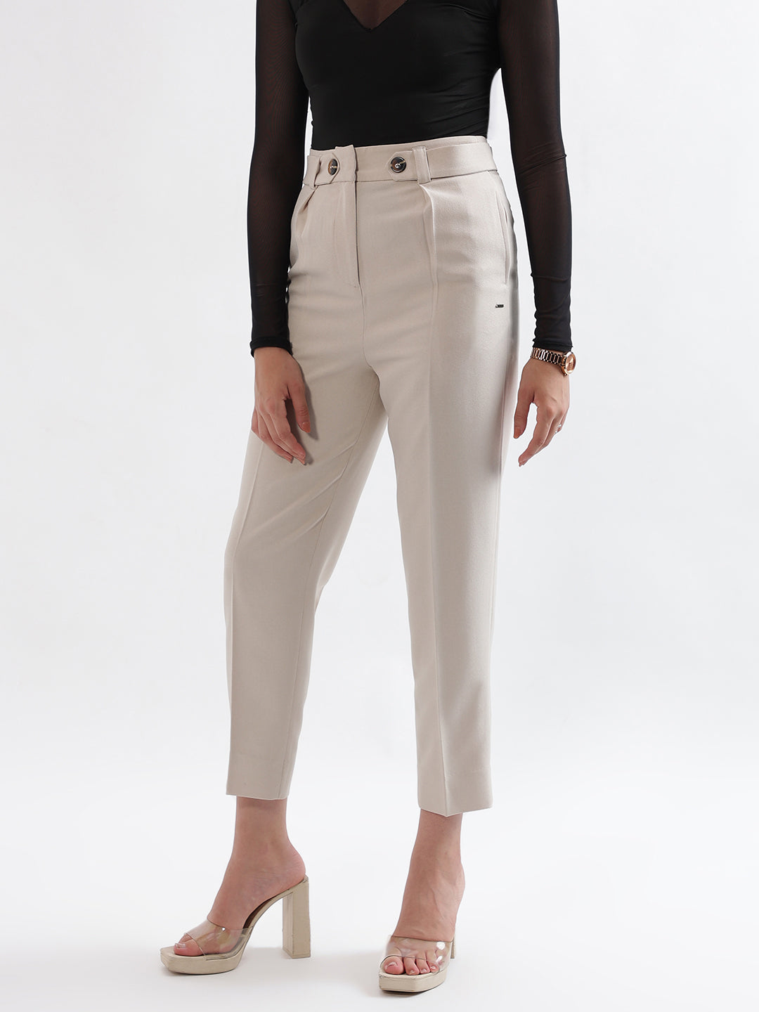 Elle Women Beige  Solid Relaxed Fit Trouser