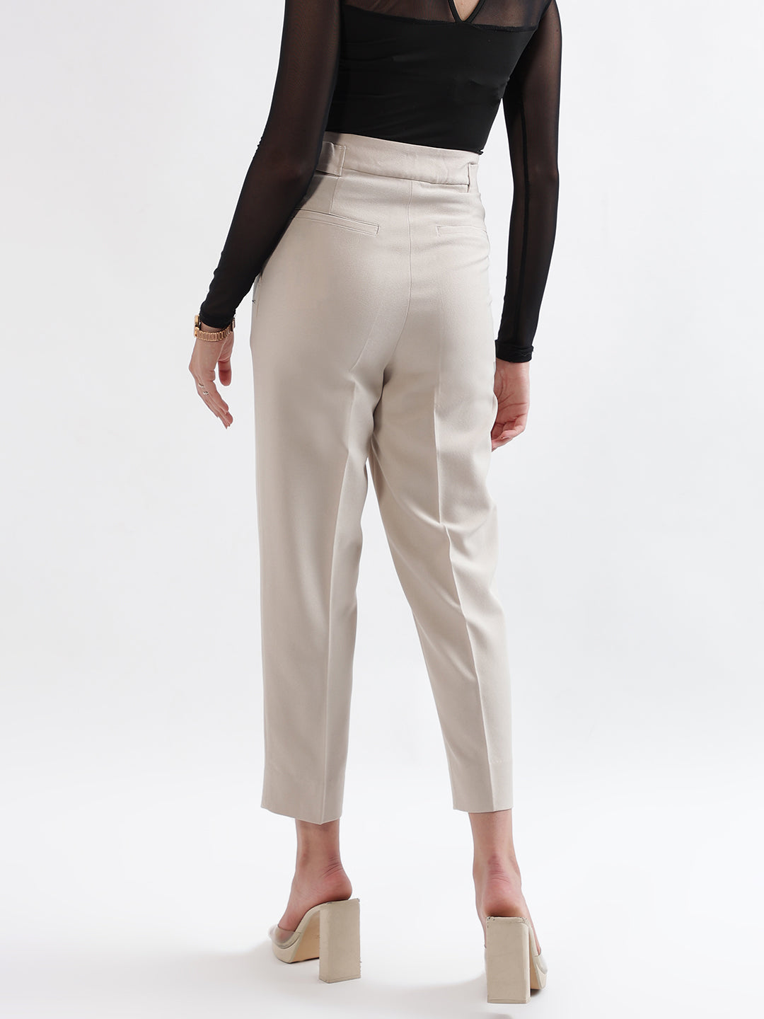 Elle Women Beige  Solid Relaxed Fit Trouser