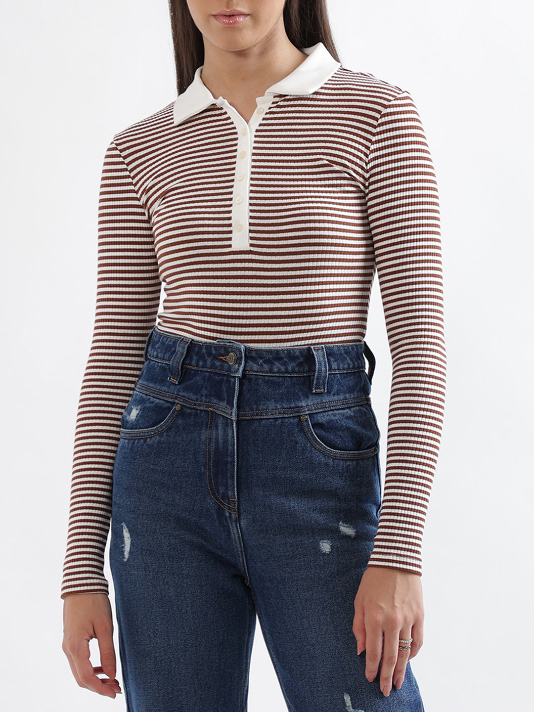 Elle White & Brown Striped Fitted T-Shirt