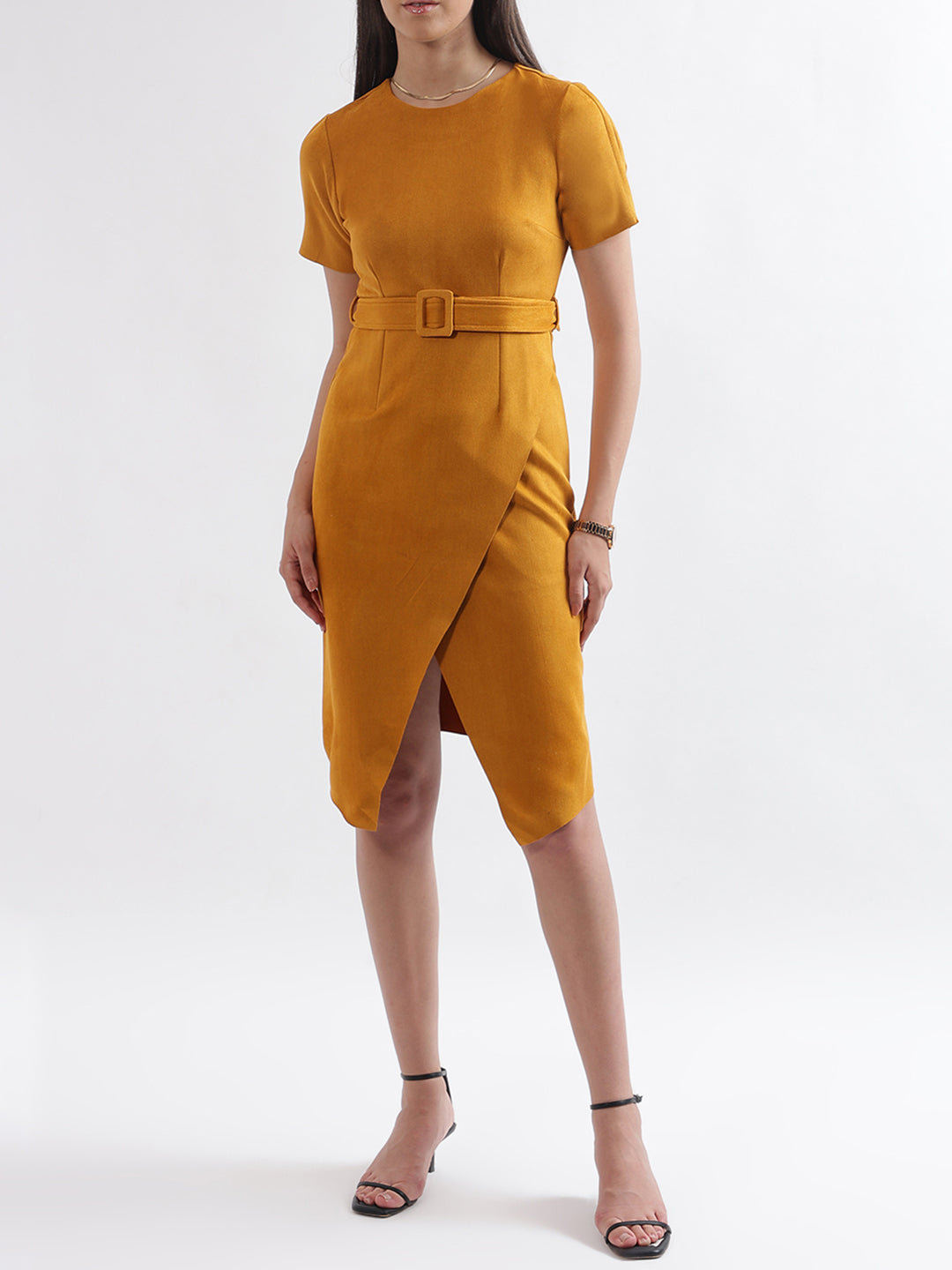 Centre Stage Women Yellow Solid Round Neck Dress