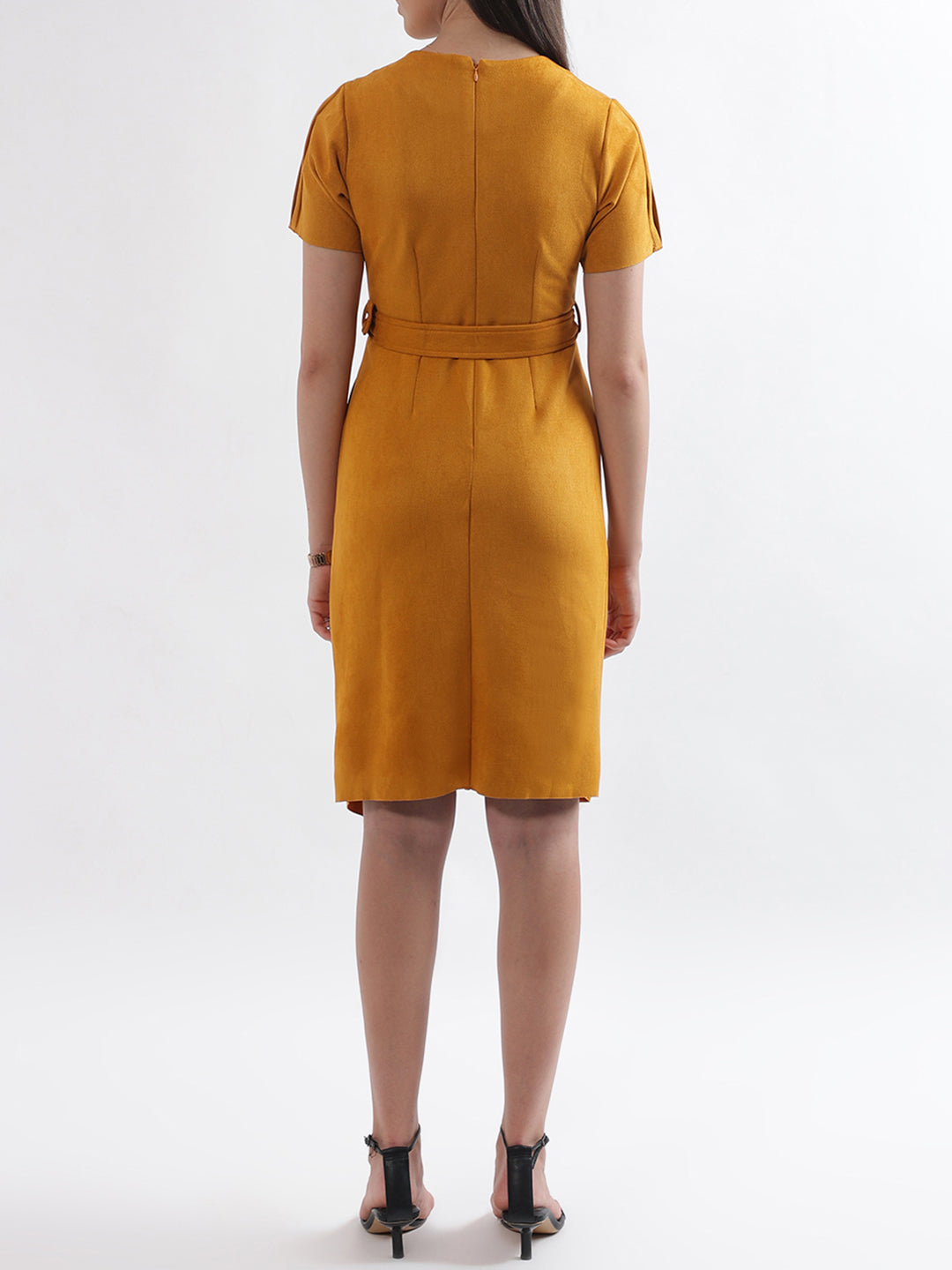 Centre Stage Women Yellow Solid Round Neck Dress