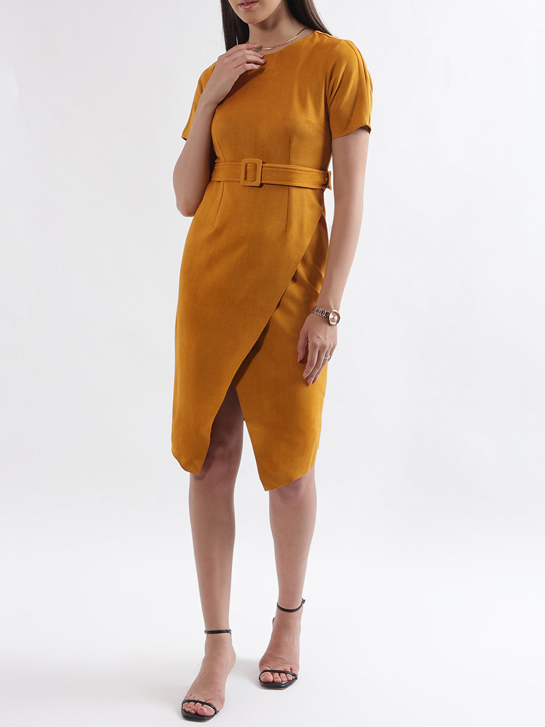 Centre Stage Women Yellow Solid Round Neck Dress