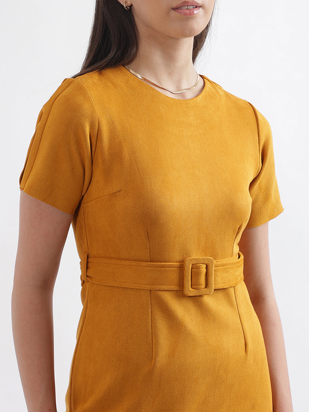 Centre Stage Women Yellow Solid Round Neck Dress