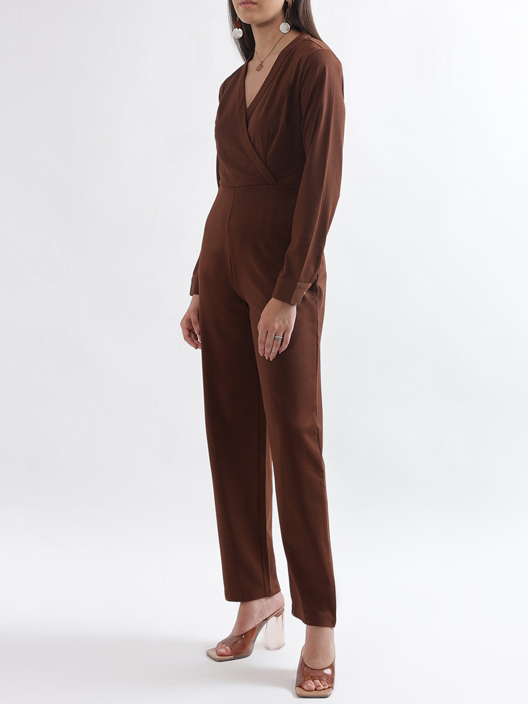 Centre Stage Women Brown Solid V Neck Jumpsuit