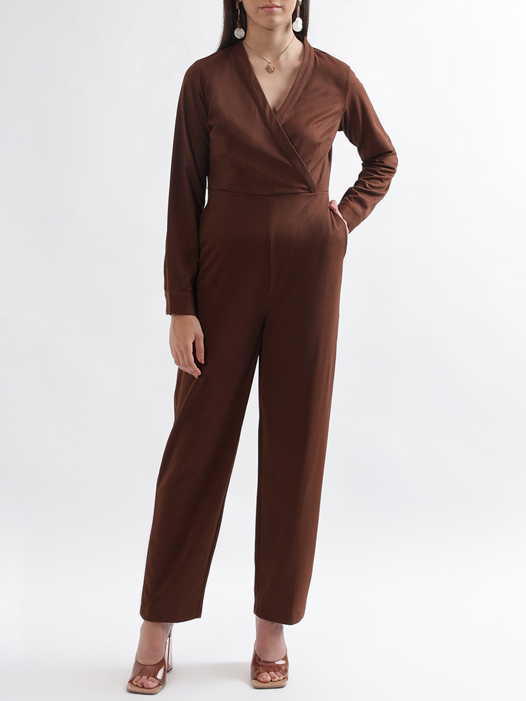 Centre Stage Women Brown Solid V Neck Jumpsuit