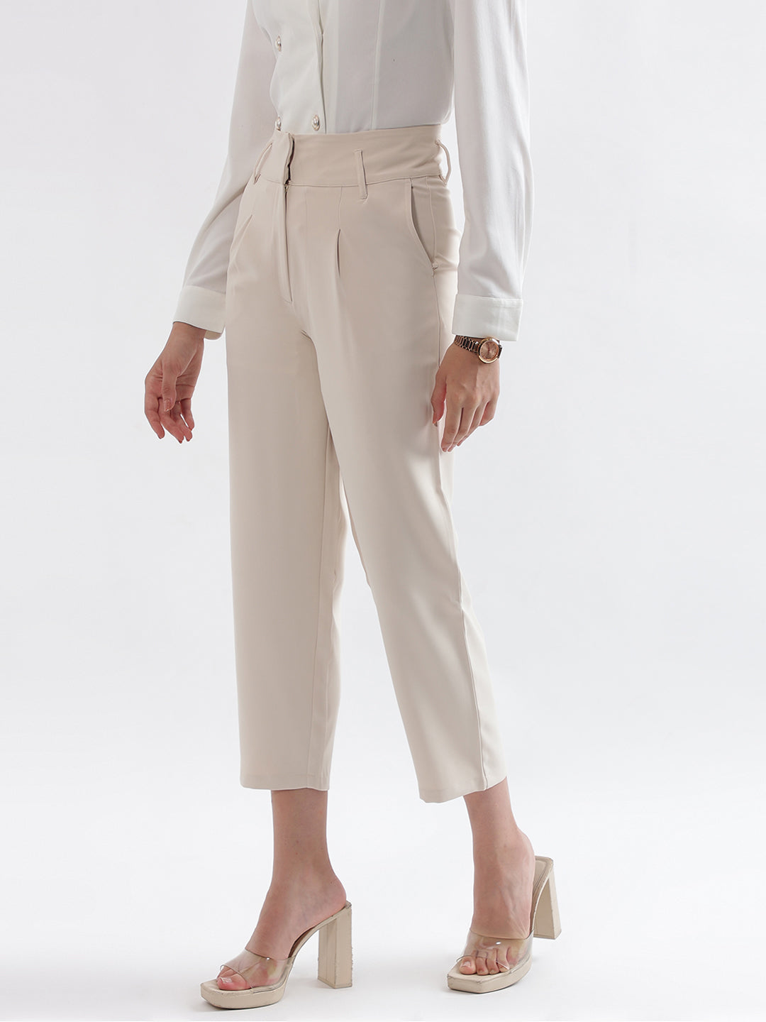 Centre Stage Women Cream Solid Straight Fit Trouser