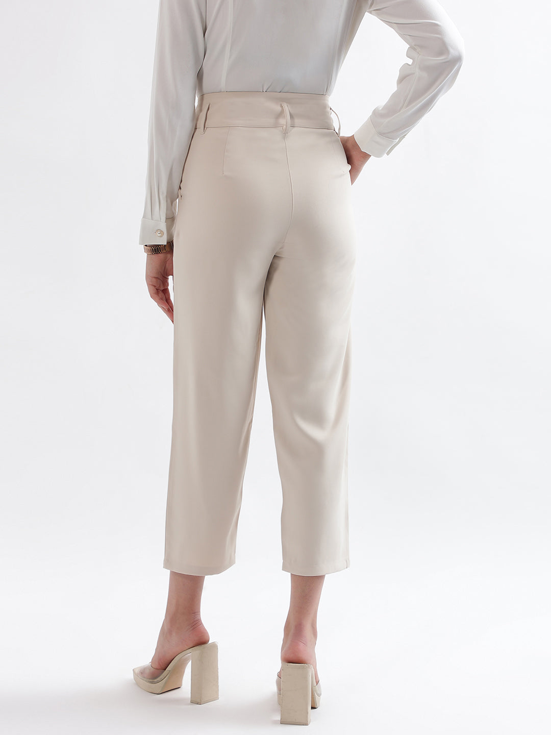 Centre Stage Women Cream Solid Straight Fit Trouser