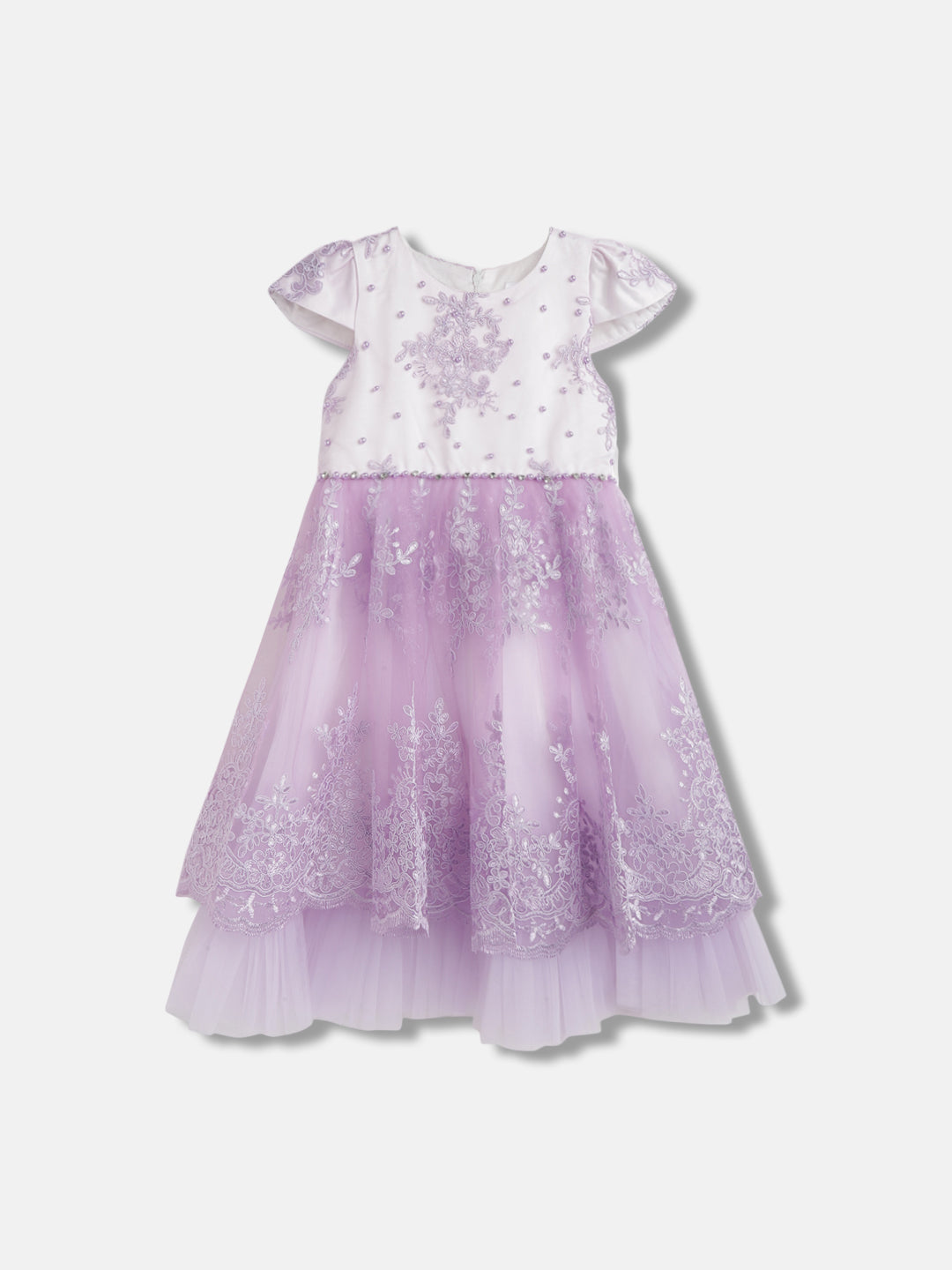 Blue Giraffe Girls Lilac Embroidered Round Neck Dress