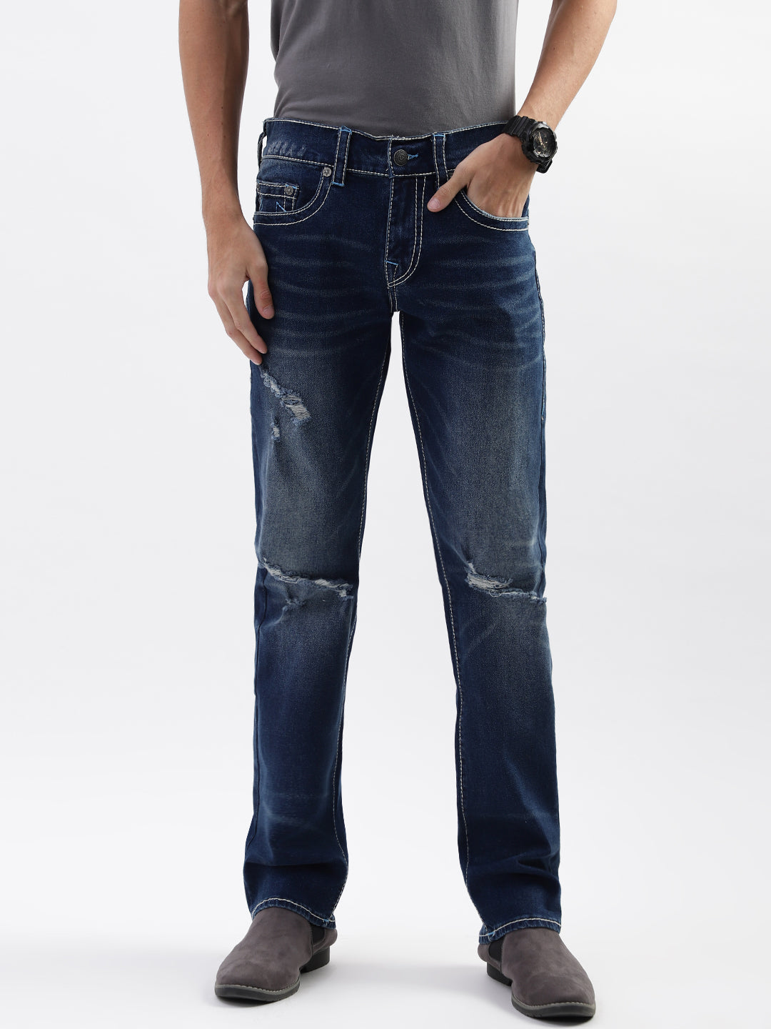 True Religion Men Blue Washed Straight Fit Jeans