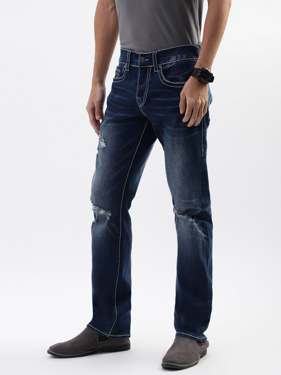 True Religion Men Blue Washed Straight Fit Jeans