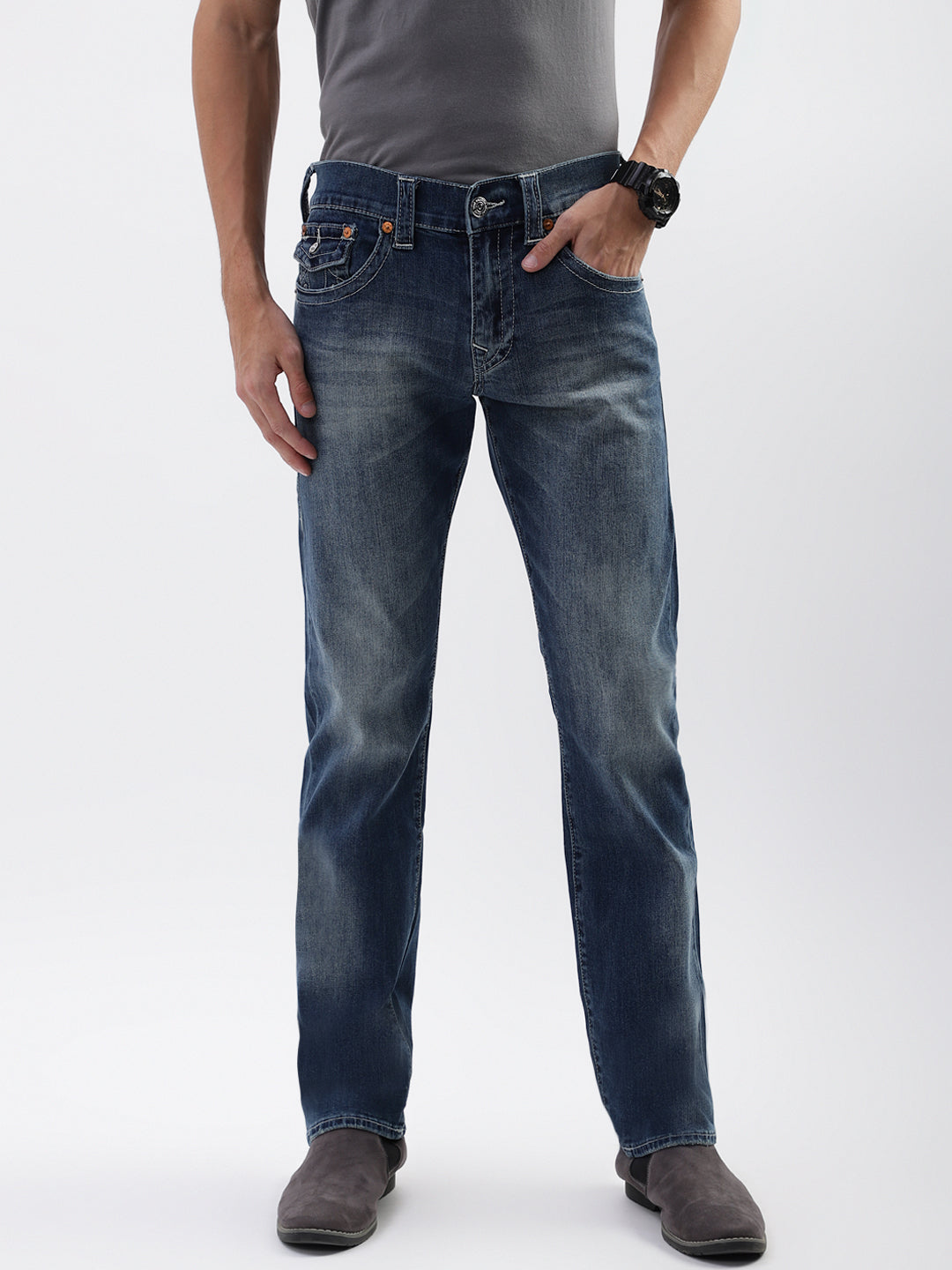 True Religion Men Blue Printed Straight Fit Jeans