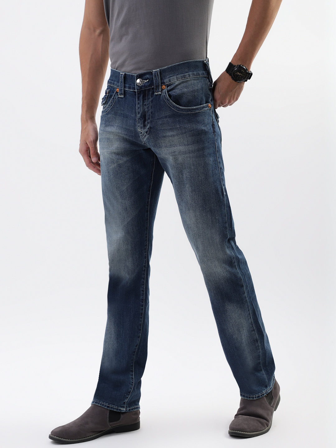 True Religion Men Blue Printed Straight Fit Jeans