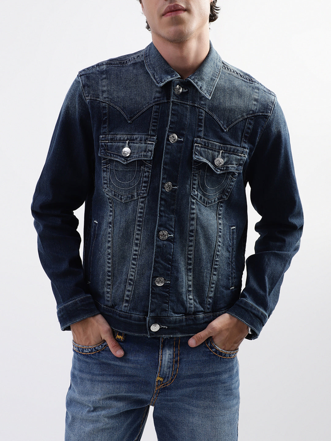 True Religion Men Blue Printed Collar Jacket