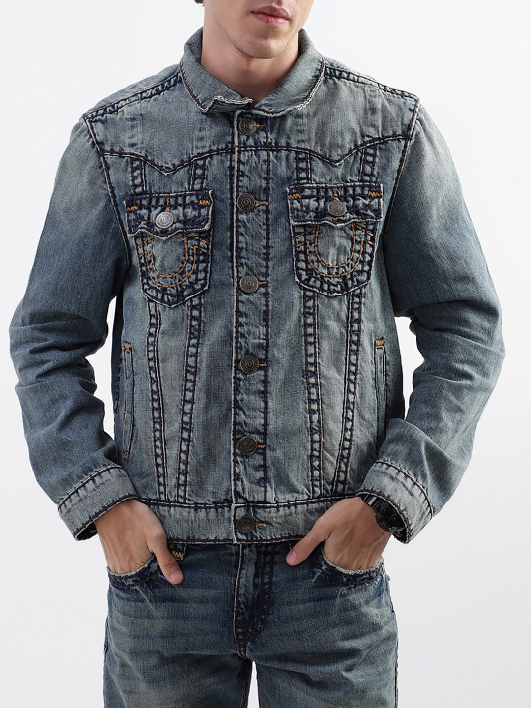 True Religion Men Blue Washed Collar Jacket