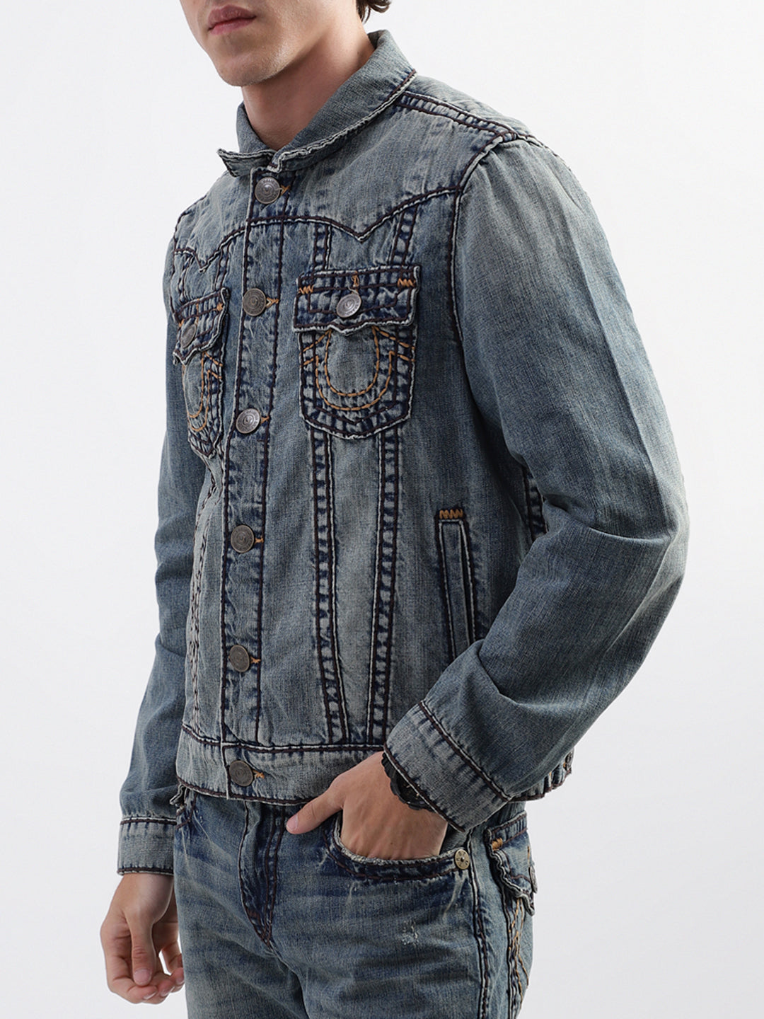 True Religion Men Blue Washed Collar Jacket