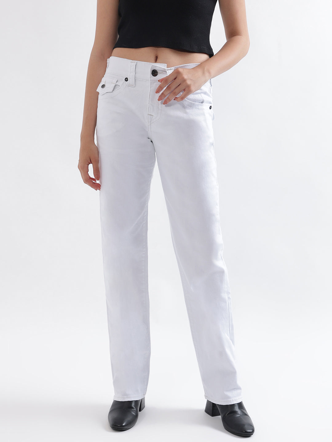 True Religion Women White Solid Relaxed Fit Jeans