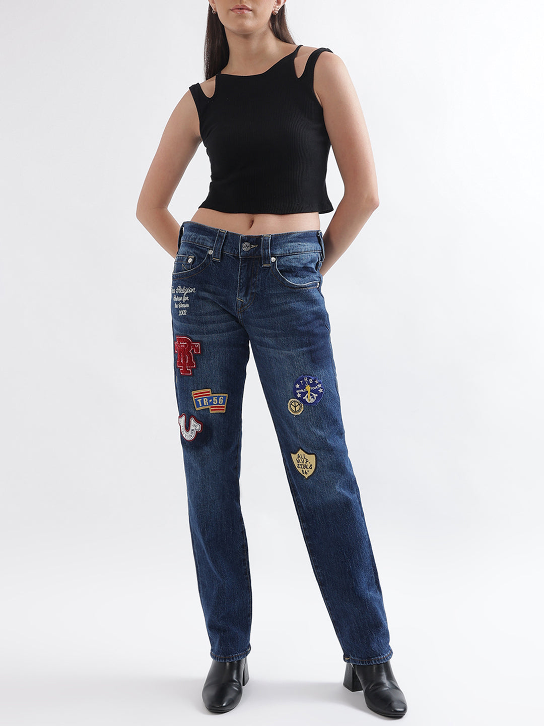 True Religion Women Blue Printed Straight Fit Jeans