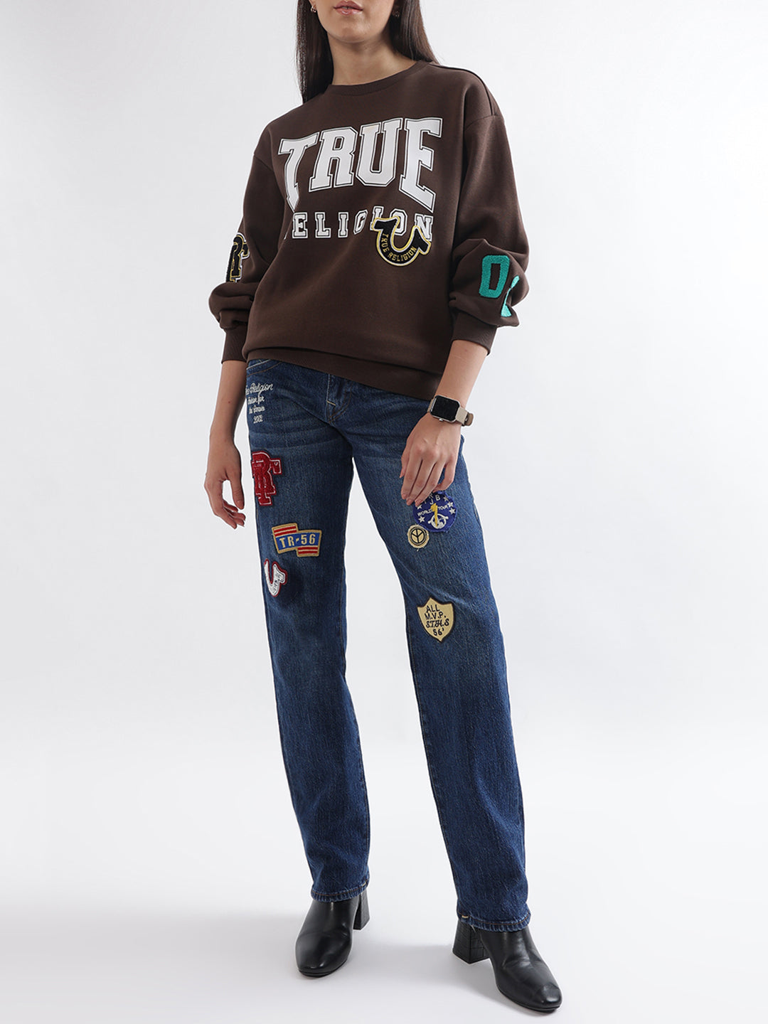 True Religion Women Brown Printed Round Neck Sweatshirt