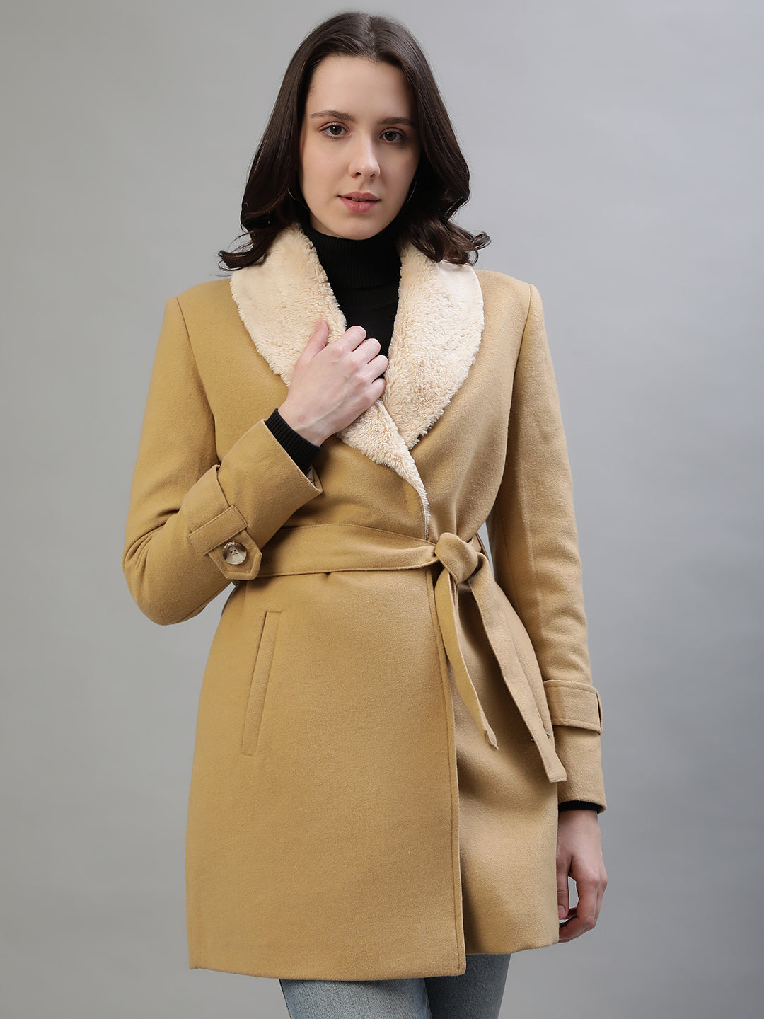 Iconic Women Beige Solid Collar Jacket