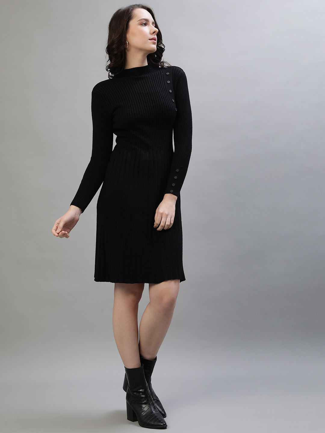 Iconic Women Black Printed High Neck Dress