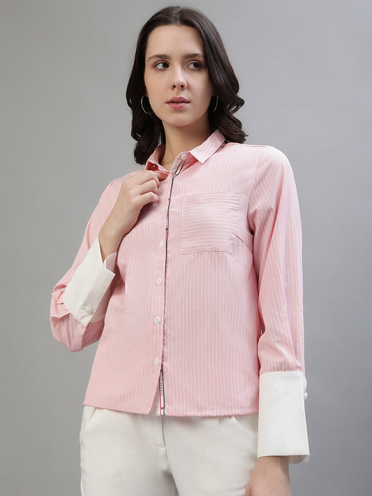 Iconic Women Pink Color Blocked Round Neck Top