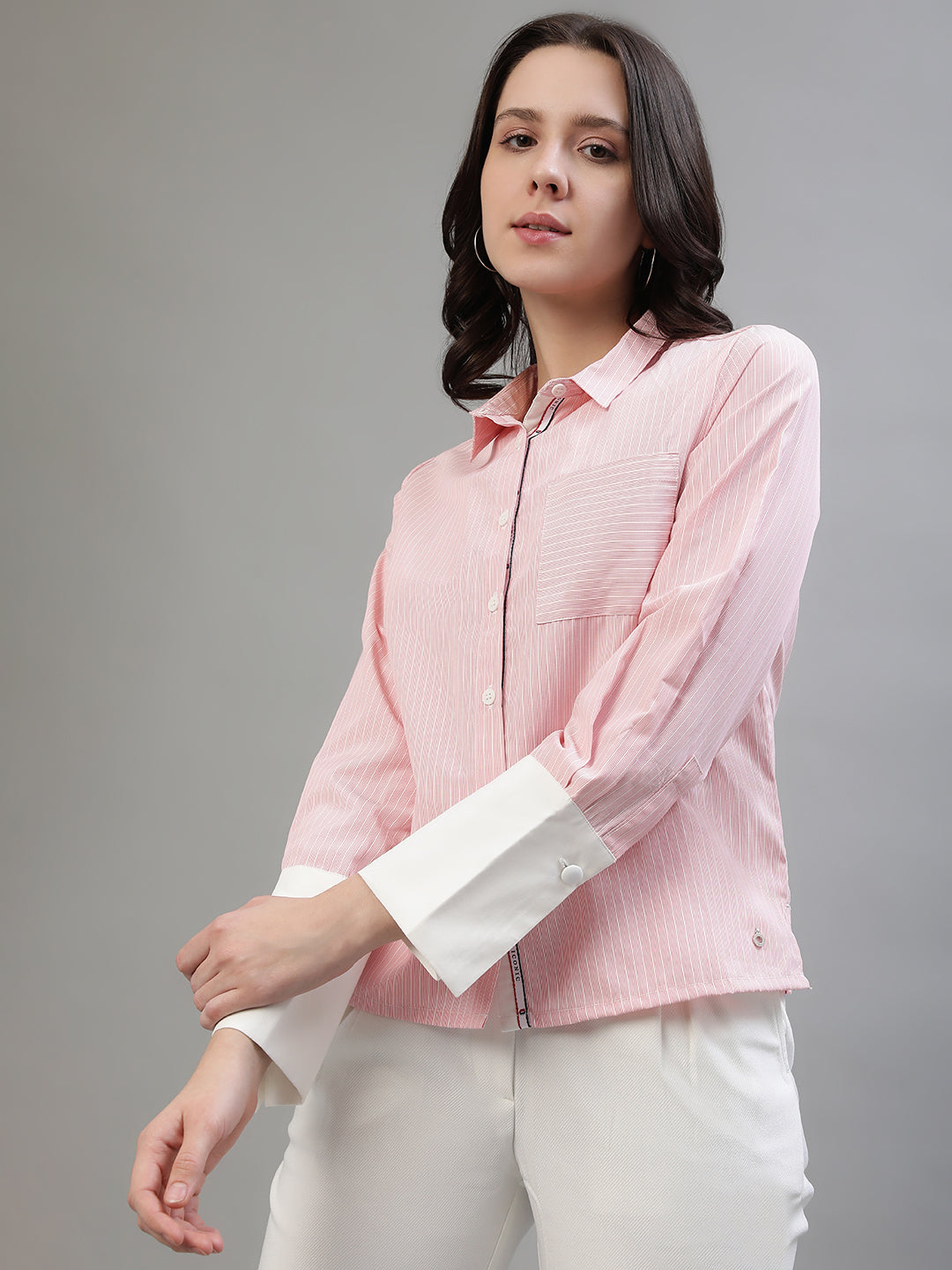 Iconic Women Pink Color Blocked Round Neck Top