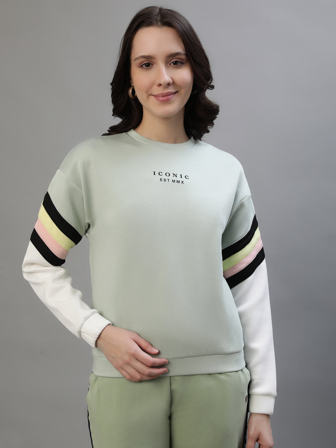 Iconic Women Mint Color Blocked Round Neck Sweatshirt