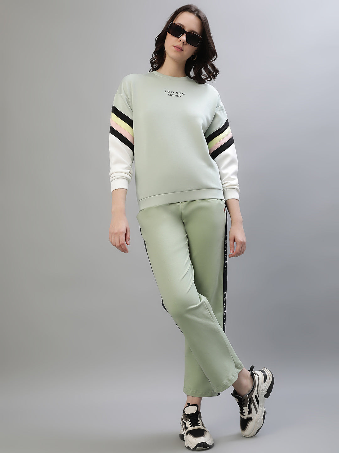 Iconic Women Mint Color Blocked Round Neck Sweatshirt