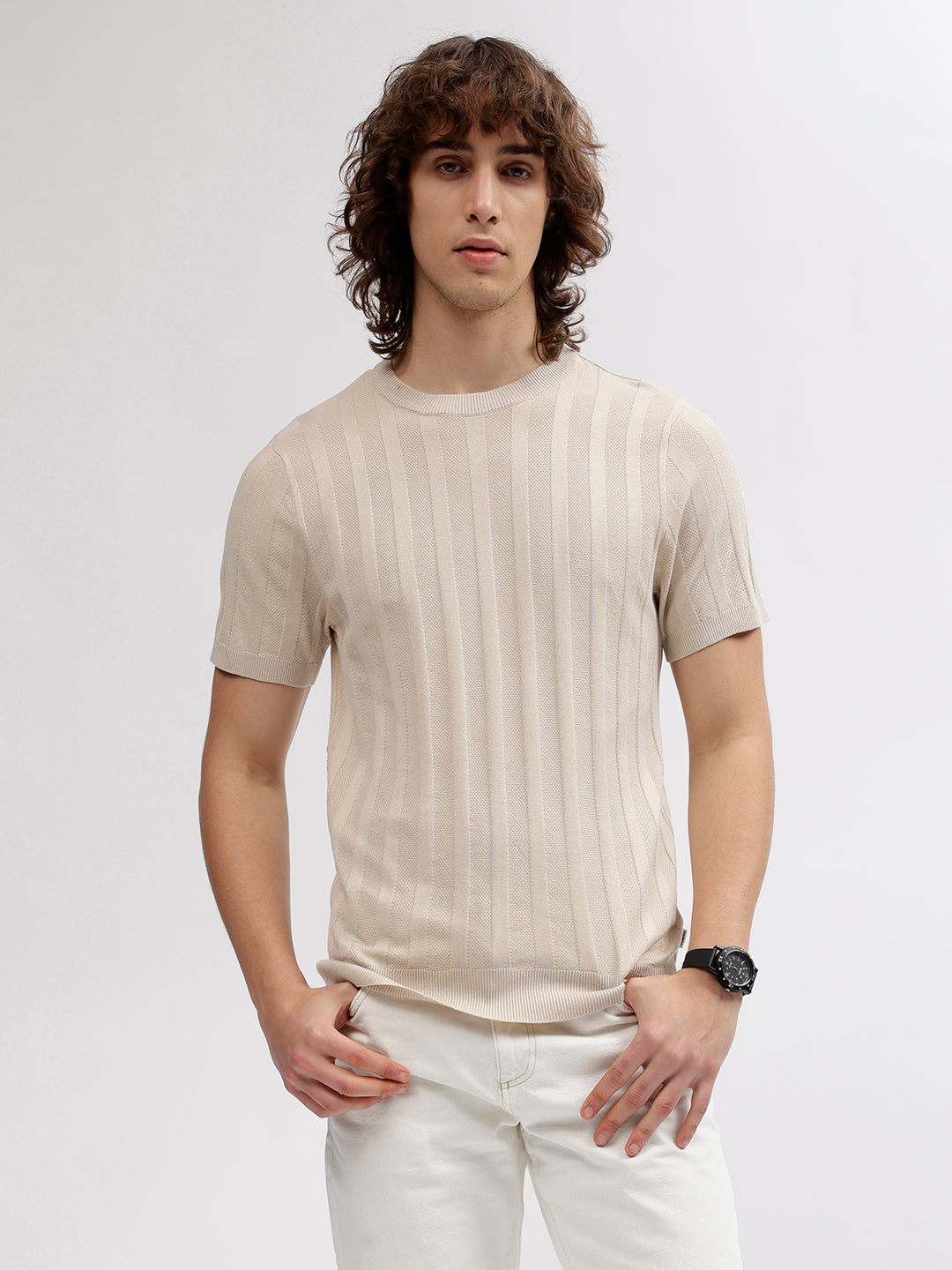 Lindbergh Men Beige Solid Round Neck Short Sleeves T-shirt