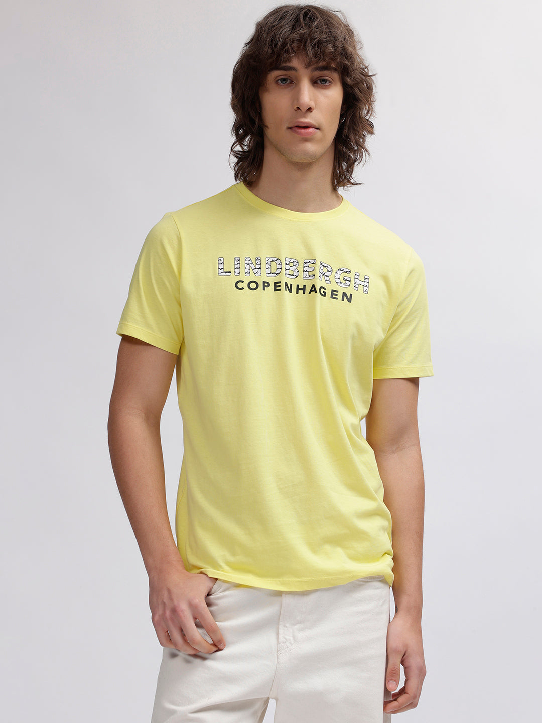 Lindbergh Men Yellow Solid Round Neck Short Sleeves T-shirt