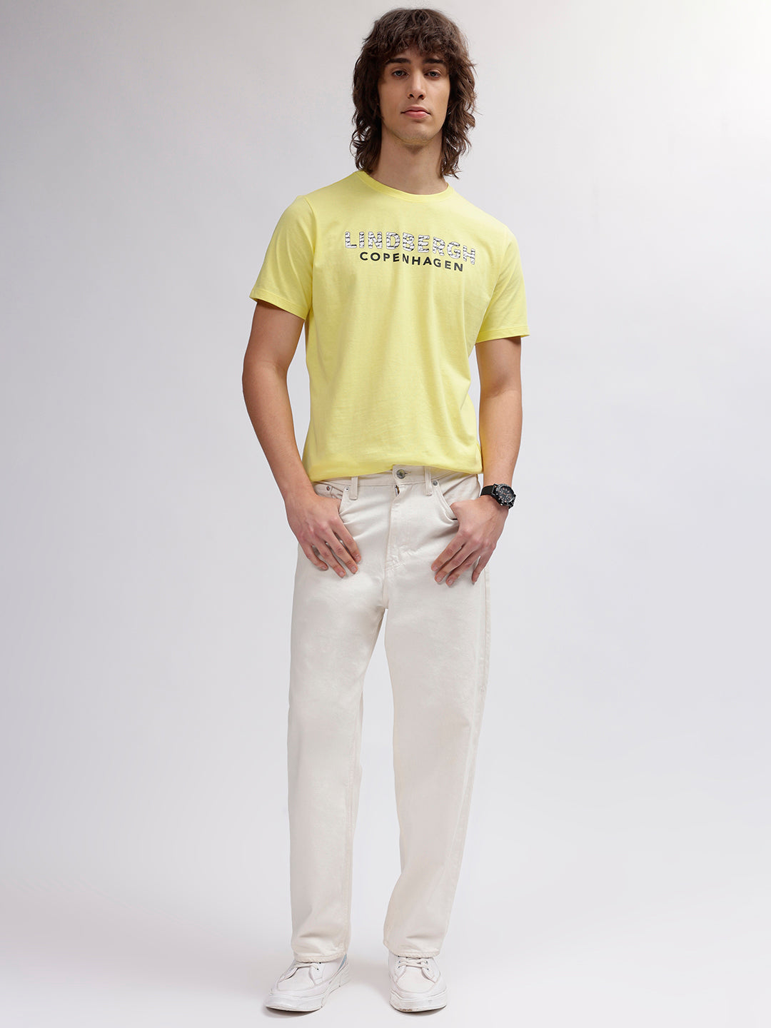 Lindbergh Men Yellow Solid Round Neck Short Sleeves T-shirt