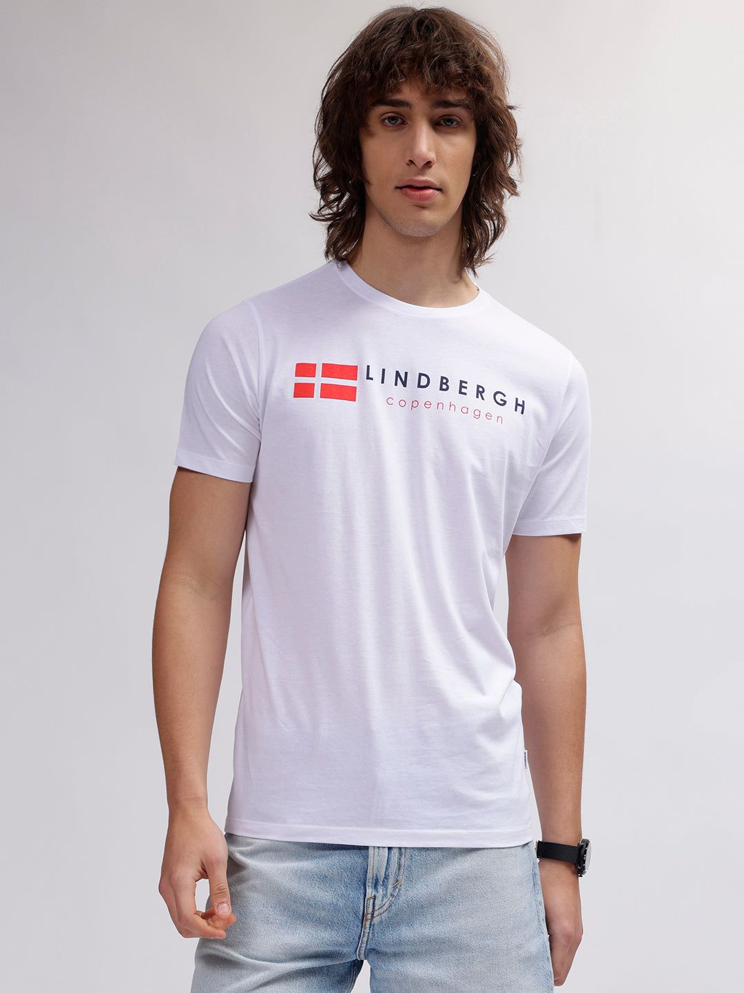 Lindbergh Men White Solid Round Neck Short Sleeves T-shirt