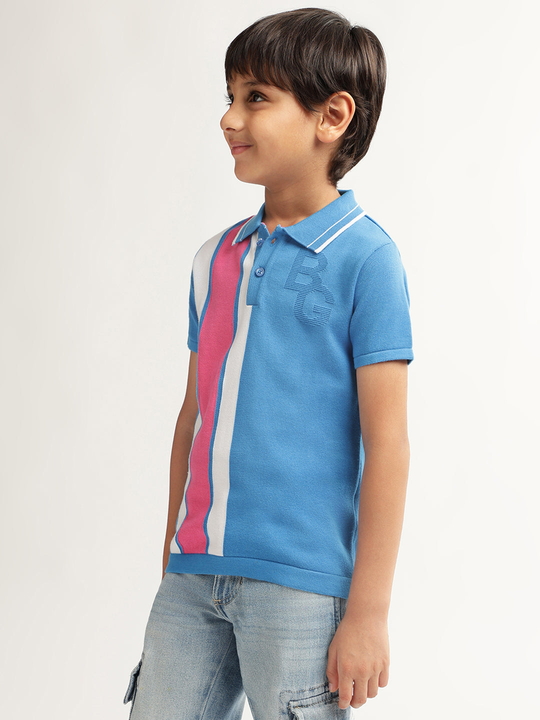 Blue Giraffe Boys Blue Colour blocked Polo Collar Short Sleeves T-shirt