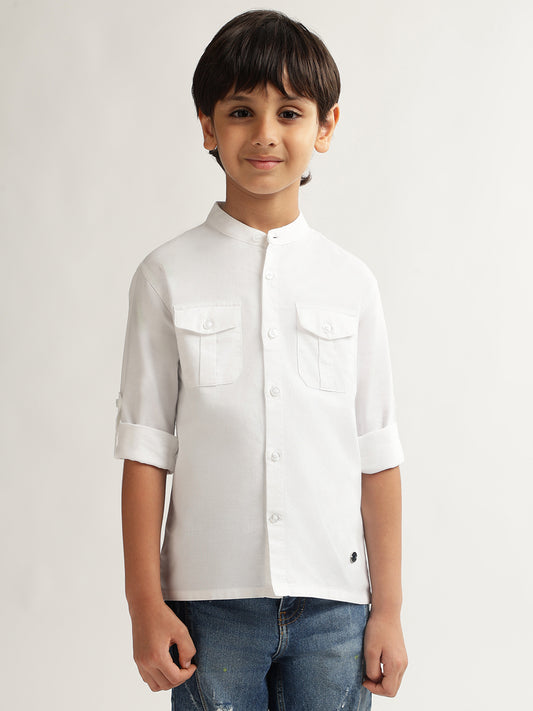 Blue Giraffe Boys White Solid Band Collar Full Sleeves Shirt