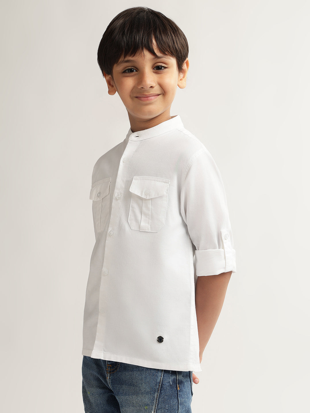 Blue Giraffe Boys White Solid Band Collar Full Sleeves Shirt