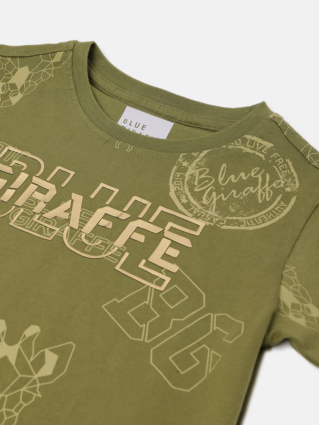 Blue Giraffe Boys Olive Printed Round Neck Short Sleeves T-Shirt