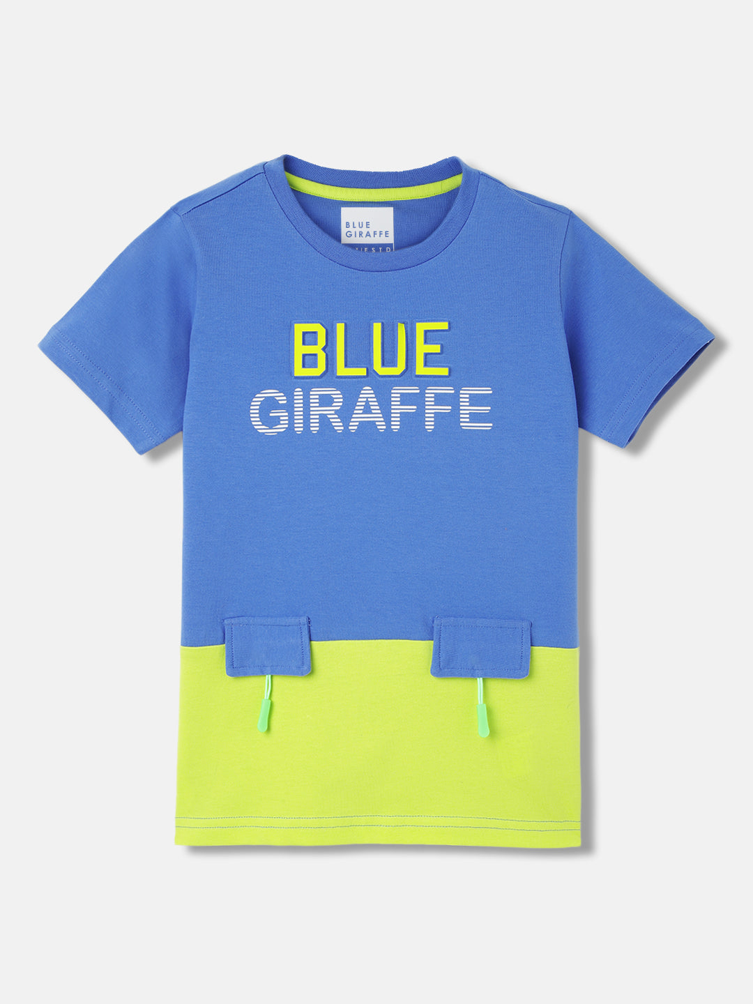 Blue Giraffe Boys Blue Colour Blocked Round Neck Short Sleeves T-Shirt