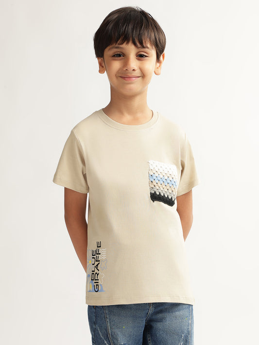 Blue Giraffe Boys Beige Solid Round Neck Short Sleeves T-Shirt