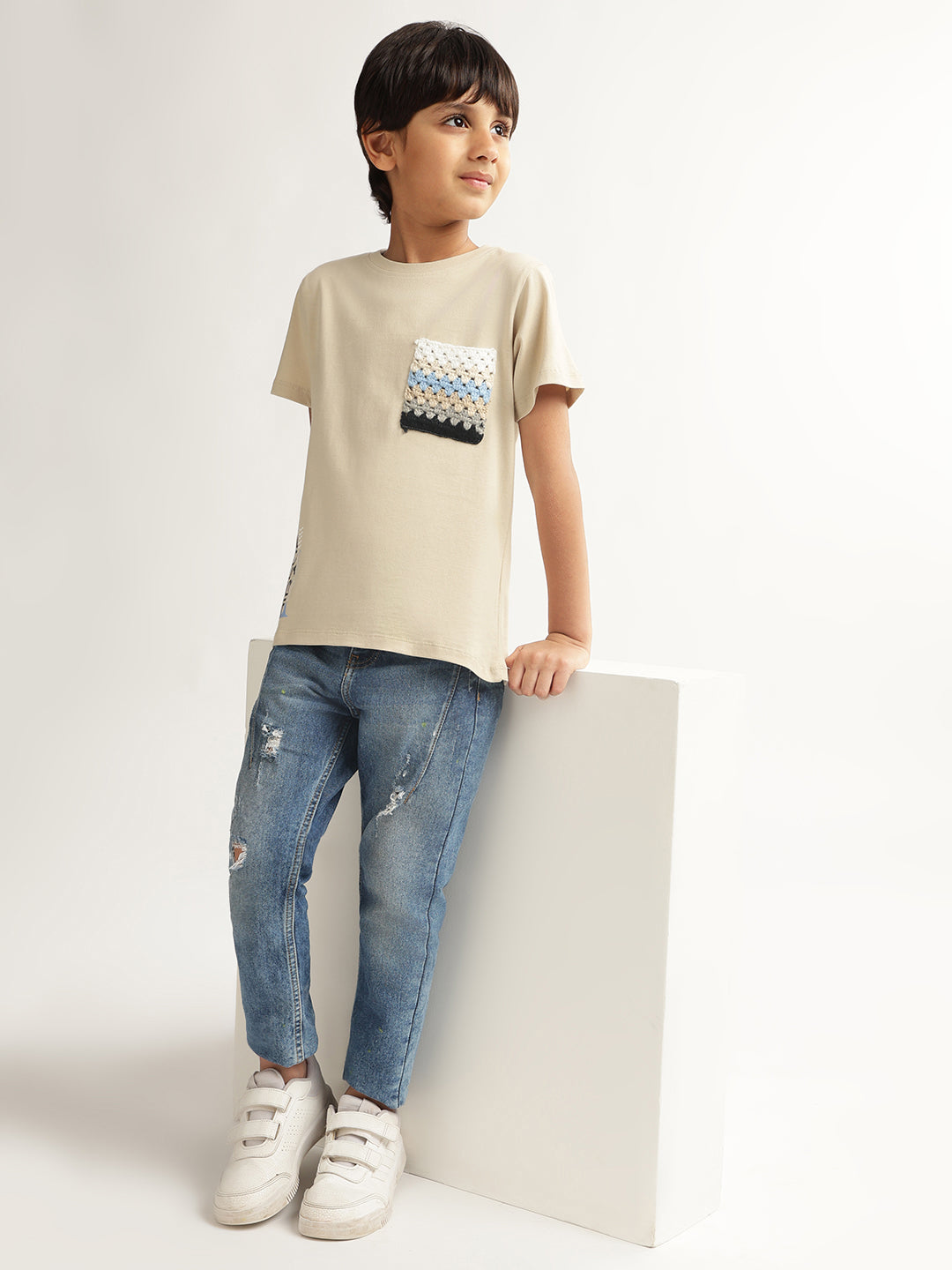 Blue Giraffe Boys Beige Solid Round Neck Short Sleeves T-Shirt