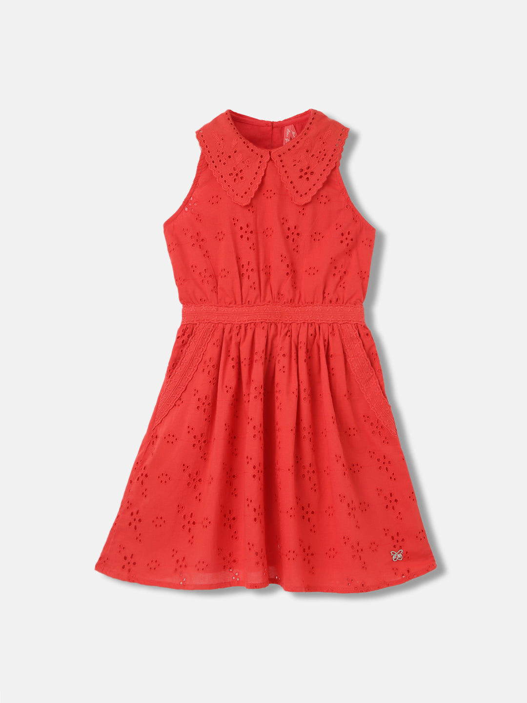 Blue Giraffe Girls Coral Embroidered Round Neck Sleeveless Dress