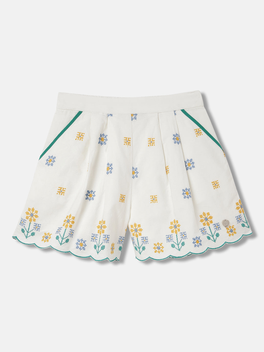 Blue Giraffe Girls White Embroidered Flared Mid-Rise Shorts